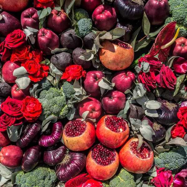 Légumes Fleurs Pommes Automne Fond Carré Magnifique Modèle Nourriture Végétarienne — Photo