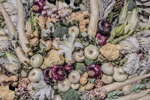 Zöldségek Virágok Gombák Őszi Háttér Vegetáriánus Ételek Gyönyörű Mintája Szüretfesztivál — Stock Fotó