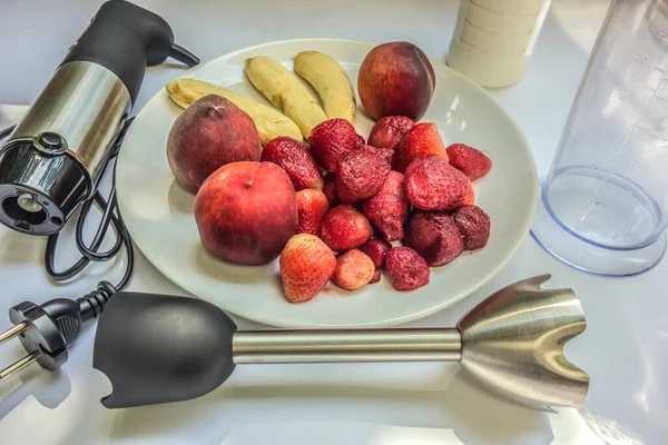 Fruktsmoothie Produktsammansättning Hälsosam Kost Matlagning Vegetarisk Mat Med Iimmersion Stick — Stockfoto