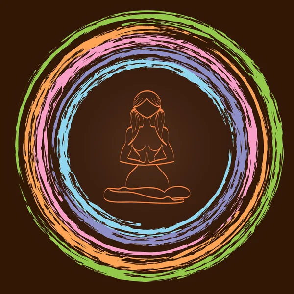 Silueta vectorial de mujer yoga en marco circular con textura colorida brillante . — Vector de stock