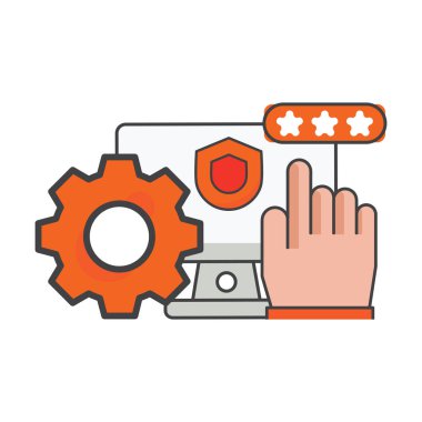 Ayar ve kalkan simgesi ile bilgisayara parmak tıklamak. Bilgisayar ayarları ve koruma illüstrasyonu. Düz vektör simgesi. Simge tasarım ögesi için kullanılabilir, ui, web, mobil uygulama.