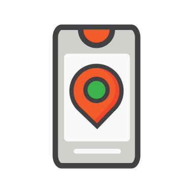 Konum kutusu illüstrasyonlu akıllı telefon. Akıllı telefon çizimi. Düz vektör simgesi. 