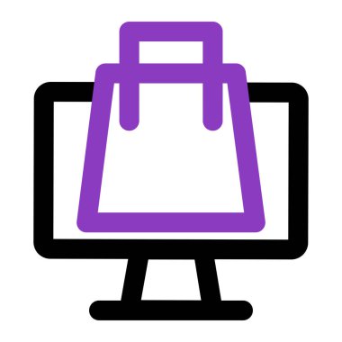 Bilgisayar simgesi. Alışveriş çantalı bilgisayar. Taslak vektör simgesi. simge tasarım ögesi için kullanılabilir, ui, web, mobil 