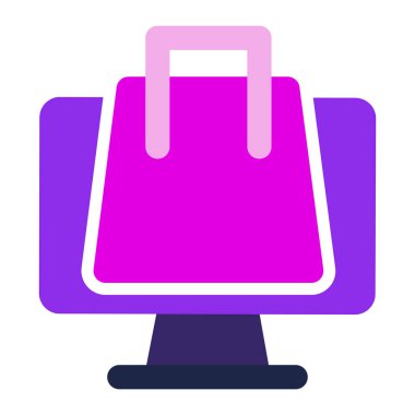 Bilgisayar simgesi. Alışveriş çantalı bilgisayar. düz dizayn vektör simgesi. 