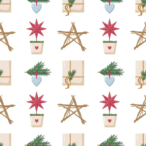 Motif sans couture de Noël avec étoiles décoratives, cœurs sur branches de sapin et emballage cadeau — Image vectorielle