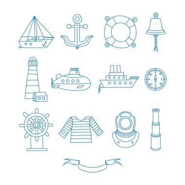 Doodle tarzı deniz tasarım öğeleri kümesi
