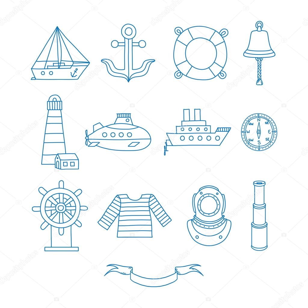 Set of nautical design elements in doodle style
