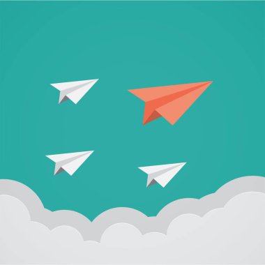 Gökyüzünde uçan vektör uçağı kağıt iş konsepti takım liderliği kağıt uçak değişimi