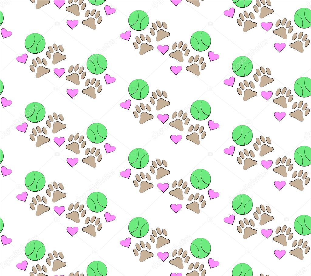 Background with dog paw, ball and hearts