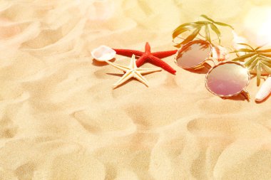 Güneş gözlüklü yaz arkaplanı ve kumdaki deniz yıldızı