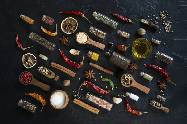 Various Spices Black Background — Stock Photo, Image