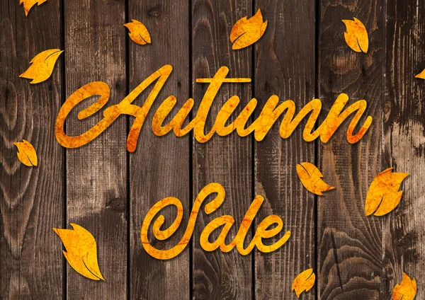 Autumn Sale Sign Made Autumn Leaves Wooden Background — Stock Photo, Image