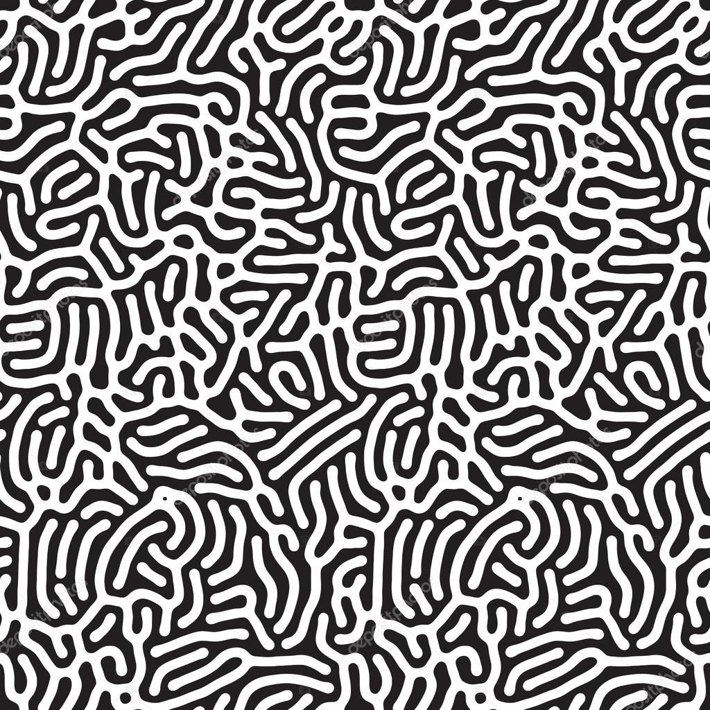 Vector Seamless Black and White Organic Rounded Line Maze Coral Pattern