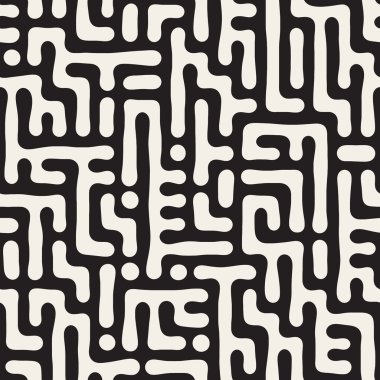 Vector Seamless Black And White Rounded Irregular Maze Pattern clipart