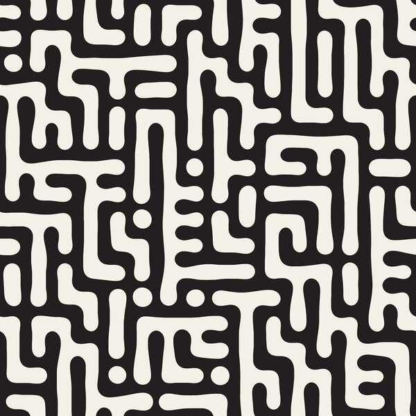 Vector Seamless Black And White Rounded Irregular Maze Pattern