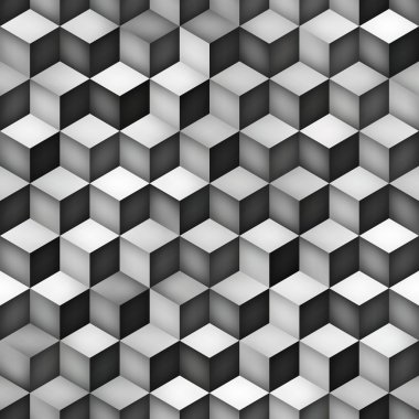 Vector Seamless Greyscale Gradient Cube Shape Rhombus Grid Geometric Pattern clipart