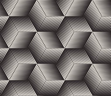 Vektörsüz yarım ton deseni. Modern stil soyut doku. Çizgili küp elementlerinden geometrik fayanslar tekrarlanıyor