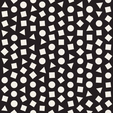 Kusursuz kaotik şablonlar. Rastgele dağılmış geometrik şekiller. Soyut retro arkaplan benzetim tasarımı