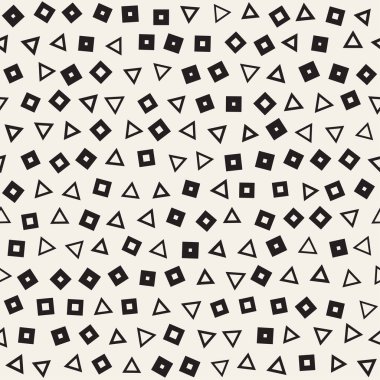 Kusursuz kaotik şablonlar. Rastgele dağılmış geometrik şekiller. Soyut retro arkaplan benzetim tasarımı