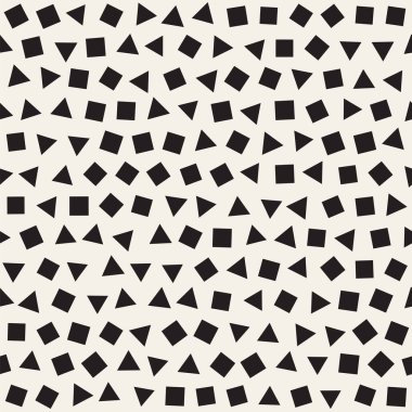 Kusursuz kaotik şablonlar. Rastgele dağılmış geometrik kare üçgen şekiller. Soyut retro arkaplan tasarımı