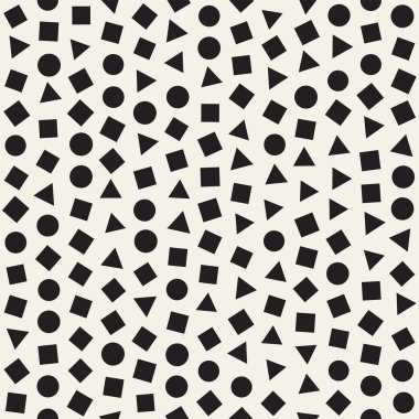 Kusursuz kaotik şablonlar. Rastgele dağılmış geometrik şekiller. Soyut retro arkaplan tasarımı