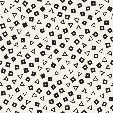 Kusursuz kaotik şablonlar. Rastgele dağılmış geometrik kare üçgen şekiller. Soyut retro arkaplan tasarımı