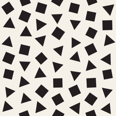 Kusursuz kaotik şablonlar. Rastgele dağılmış geometrik kare üçgen şekiller. Soyut retro arkaplan tasarımı