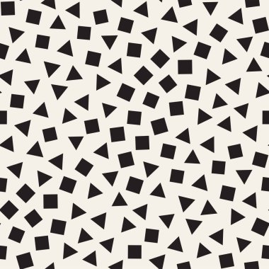 Kusursuz kaotik şablonlar. Rastgele dağılmış geometrik kare üçgen şekiller. Soyut retro arkaplan tasarımı