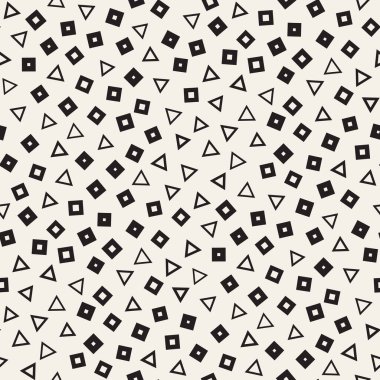 Kusursuz kaotik şablonlar. Rastgele dağılmış geometrik kare üçgen şekiller. Soyut retro arkaplan tasarımı