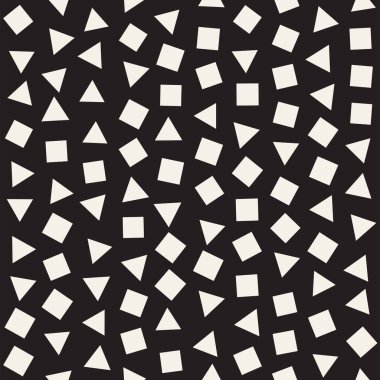 Kusursuz kaotik şablonlar. Rastgele dağılmış geometrik şekiller. Soyut retro arkaplan tasarımı