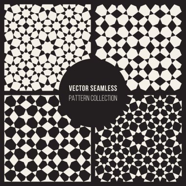 Dört vektör sorunsuz siyah beyaz geometrik İslam yıldız döşeme deseni kümesi