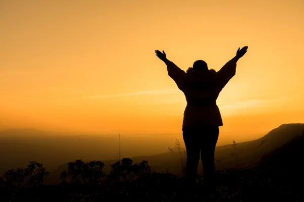 Mulher levantando os braços e desfrutando do belo pôr do sol — Fotografia de Stock