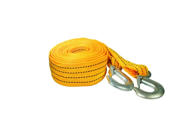 Cordón de remolque amarillo para coche aislado sobre fondo blanco . — Foto de Stock