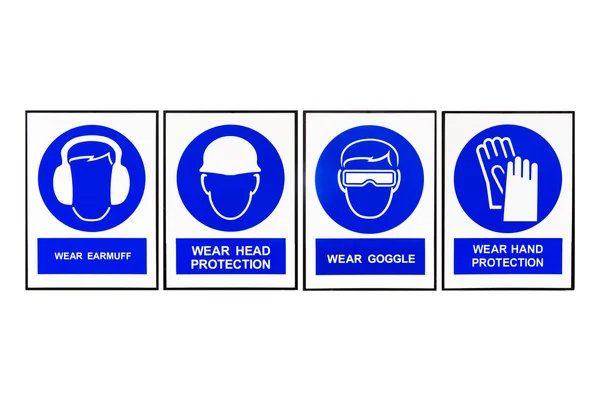 Bära hörselkåpor eller öronproppar, bära huvudskydd, skyddsglasögon, slitage handskydd, blå och vit säkerhetsskyltar. — Stockfoto