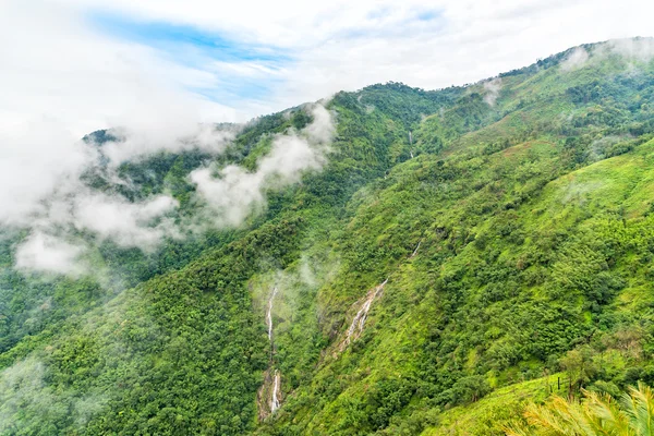 Маленький водопад на зеленом горном хребте в дождевом лесу в облачный день — стоковое фото