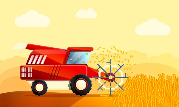 Combine Harvester Working Field Harvesting Wheat Vector Illustration — Stock Vector