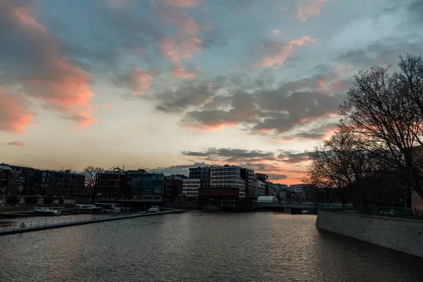 Sunset Oder River View Old Town Wroclaw Poland Spring — Stock Photo, Image