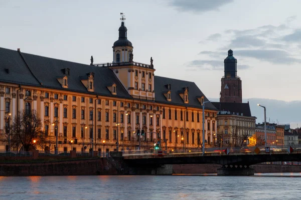 Puesta Sol Sobre Río Oder Vista Del Casco Antiguo Wroclaw —  Fotos de Stock