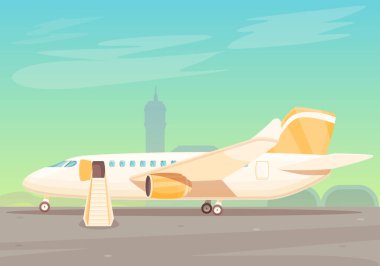 cartoon plane with stairs waiting to board at the airport, vector illustration