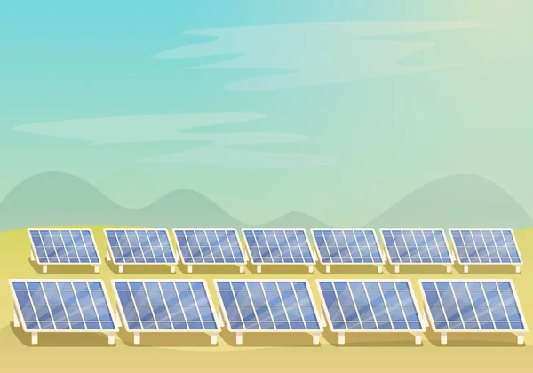 Cartoon Solar Power Plant Field Desert Day Vector Illustration — Stockový vektor