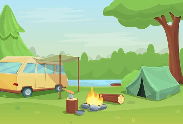 Cartoon Camping Met Kampvuur Tent Auto Natuur Vector Illustratie — Stockvector