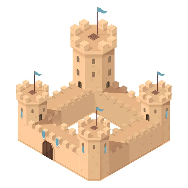 Cartoon Isometric Medieval Castle Towers Gates Vector Illustration — Stock Vector