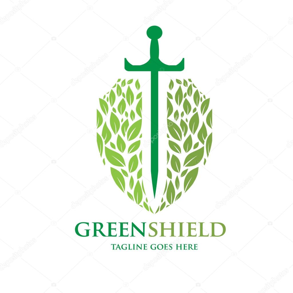 green shield and sword or blade logo vector