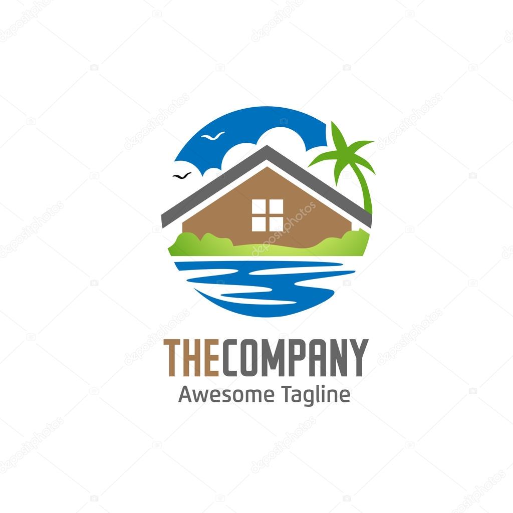 Modern circle icon green house, villa and lake logo