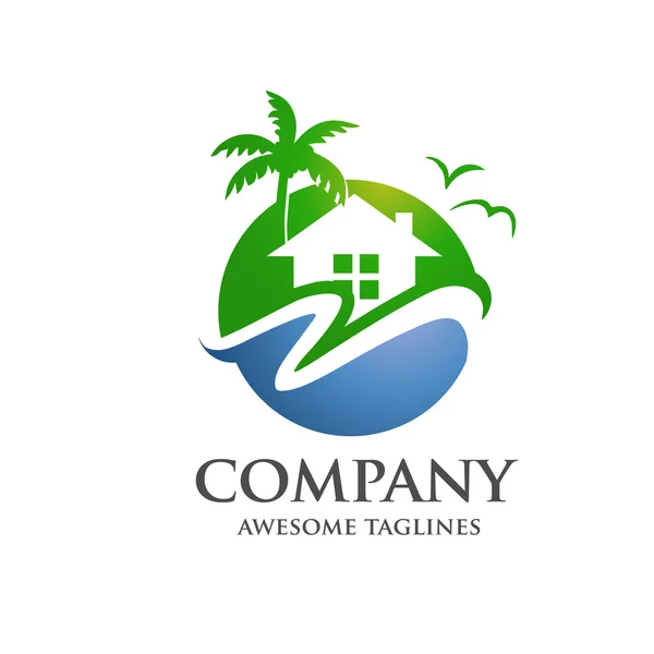 Nowoczesnego zielony nieruchomości, hotel, wioski na logo morze — Wektor stockowy