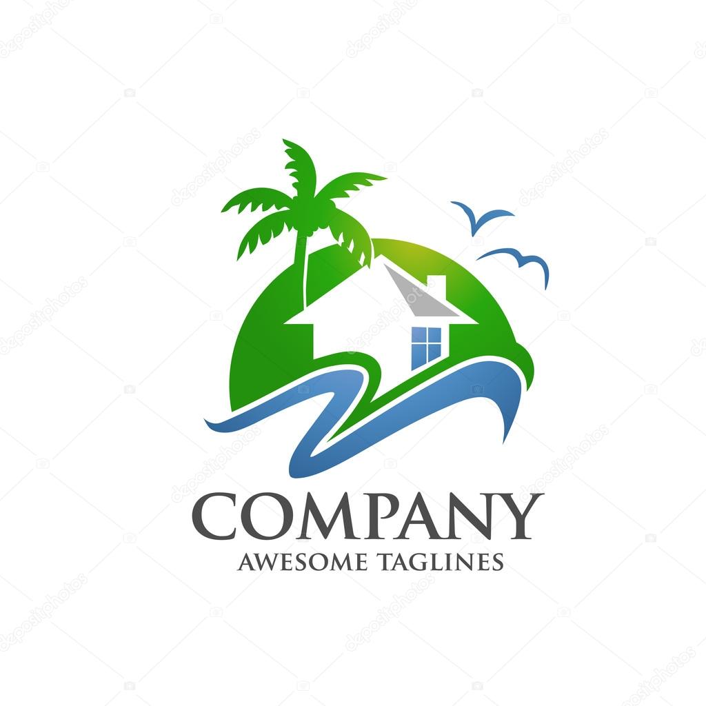 Modern green real estate, hotel, village at sea logo
