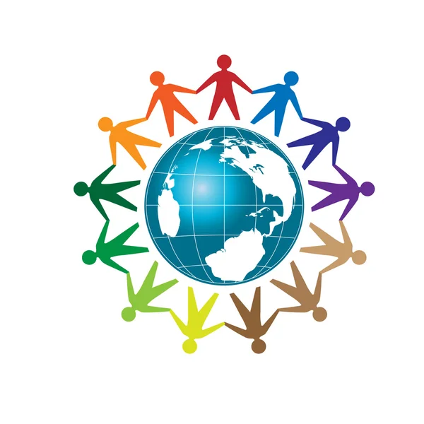 Unità delle persone con Terra globo Template logo, logo della comunità — Vettoriale Stock