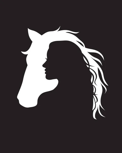 負のスペースを印刷馬と女性のロゴデザイン 白い背景に馬と女の子のベクトルシルエット — ストックベクタ