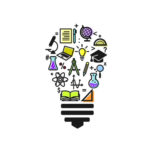 Glühbirne Und Bildungsmaterialien Kreatives Denken Learning Zurück Die Schule Bildungsstudienkonzept — Stockvektor