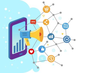 Megafonla dijital pazarlama kavramı, sosyal medya çevrimiçi pazarlama simgesi